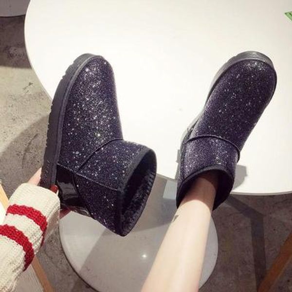 

snow boots winter flat shoes sequined cloth women ankle boot warm plush inside ankle boot round toe antiskid black pink silver
