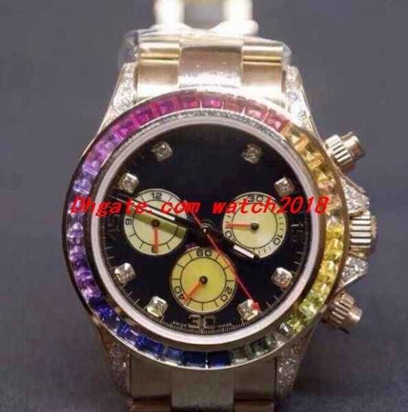Бесплатная доставка Алмазный Циферблат для 116598 116599 RBOW черный / золотой Алмаз часовые метки 40 мм автоматическая мода мужские часы Наручные часы