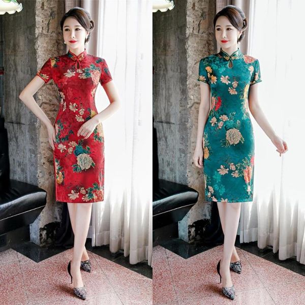 

ladies chinese clothing satin silk cheongsam china style elegant daily traditional dress mandarin collar knee-length qipao, Red