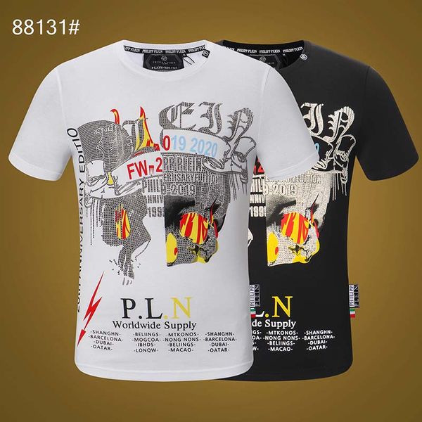 

dark big skull with diamond sequins red tide brand ice silk cotton black round neck men's short-sleeved t-shirt, White;black