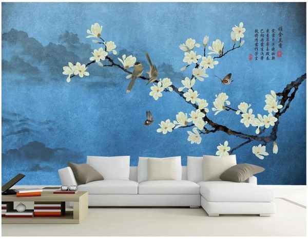 Personalizzato Nuovo stile cinese dipinto a mano inchiostro magnolia paesaggio Murale Carta da parati Pittura decorativa sfondo muro di carta per pareti 3D