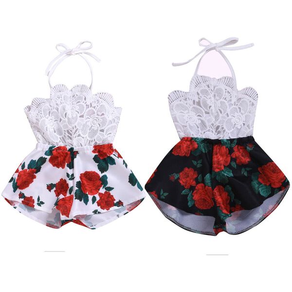 

summer 0-3y romper infant baby girl romper sleeveless belt lace flowers print kid jumpsuit sunsuit outfits clothes, Blue