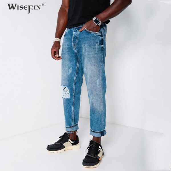 

мужские рваные джинсы streetwear зимняя мода сломанный hole hip hop denim jeans сыпучие сломанные hole брюки homme d30, Blue