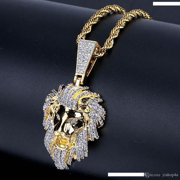 

mens 18k gold plated cz bling lion head gold pendant necklace micro pave cubic zircon pendant fashion jewelry, Silver