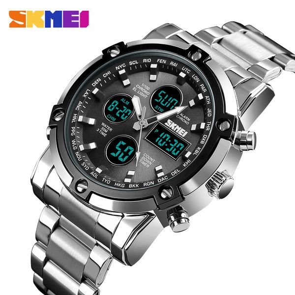 

skmei men digital watch fashion sports watch countdown stainless steel strap men wristwatch quartz clock relogio masculino 1389, Slivery;brown