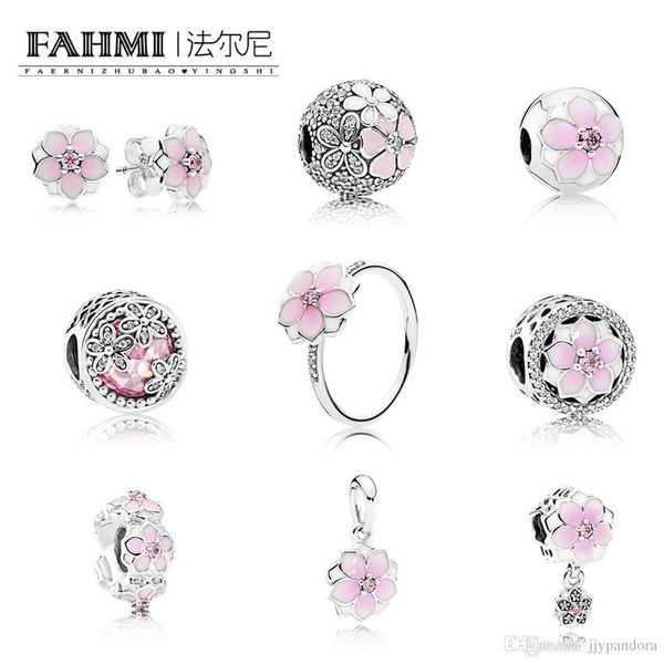 

fahmi 100% 925 sterling silver elegant charm bloom ring magnolia earring studs bloom spacer hanging charm magnolia bloom, pale cerise , pink, Black