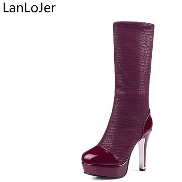 

lanlojer women fashion patchwork color snake leather design thick heel knee high boots high heels long boots big size 30-48, Black