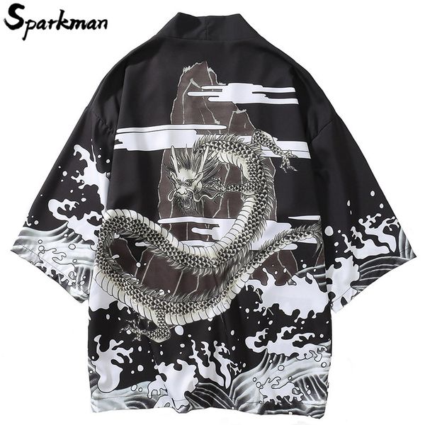 

men's jackets mens harajuku japanese style kimono casual streetwear chinese dragon print jacket coat summer thin gown male 2021 autumn, Black;brown