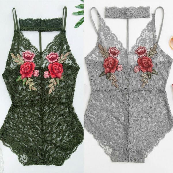 

dropship womens lace choker bodysuits see-through flowers bodysuits sleeveless strap halter applique ladies bodysuits, Black;white