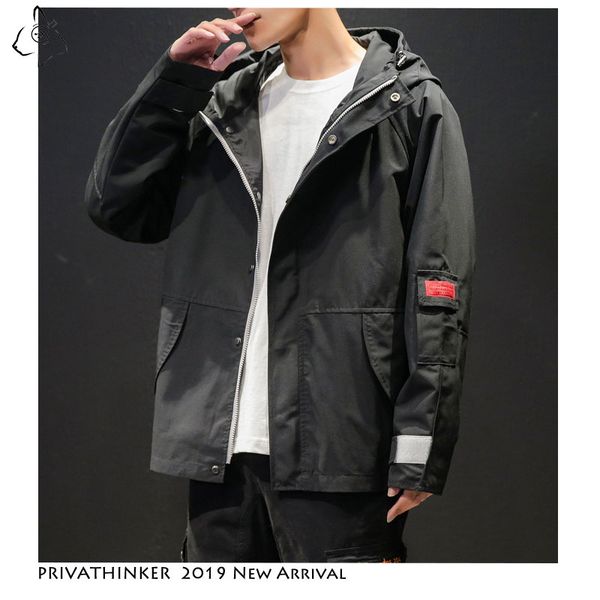 

privathinke man autum 2019 japanese streetwear hooded jacket men solid causal pocket cargo jacket high collar cotton coat, Black;brown