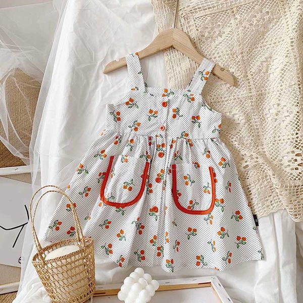 

new girl dress cute cotton sleeveless cherry print cotton dress baby girl spring summer dresses for girls floral with susp, Red;yellow