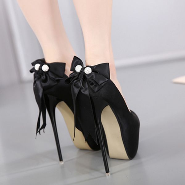 

2019 new ultra high heel platform bow stiletto shoes female, Black