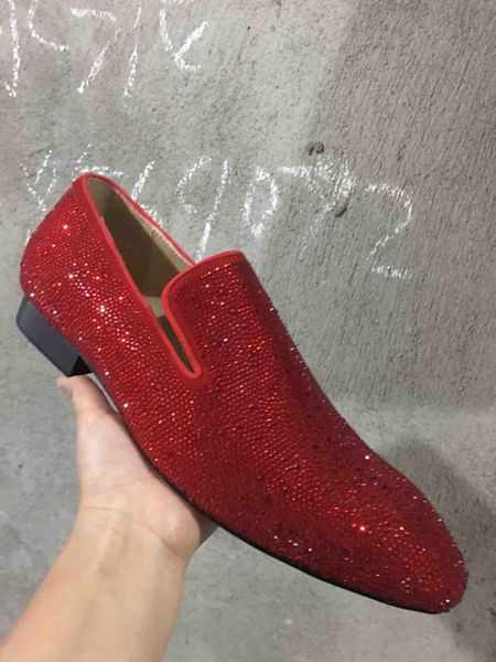 

luxury party wedding man shoes red bottom loafers suede with rhinestone strass dress shoes for mens slip on flats designer brand, Black