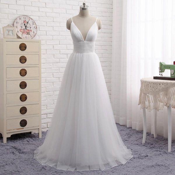 

spaghetti v neck tulle beach wedding dress 2019 wedding gowns white ivory bridal gowns floor length