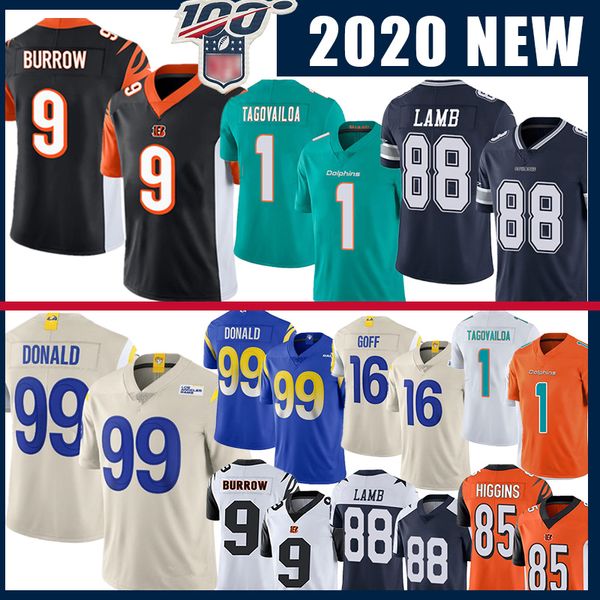 

9 joe burrow cincinnati jersey bengals miami 1 tua tagovailoa dolphins dalla ceedee lamb cowboys los jared goff angeles 99 aaron donald ram, Blue;black