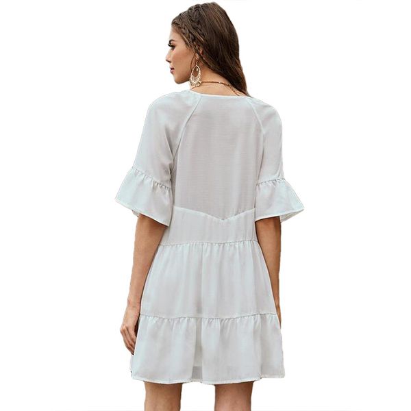 

new solid color stitching ruffled fringed neckline dress with flared sleeves