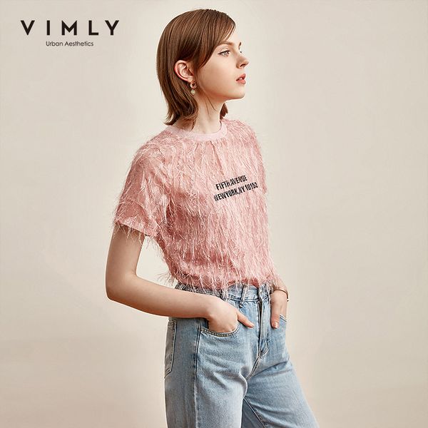 

vimly 2020 summer women tassel tshirt vogue letter print round short sleeve loose solid female t-shirt f1583, White