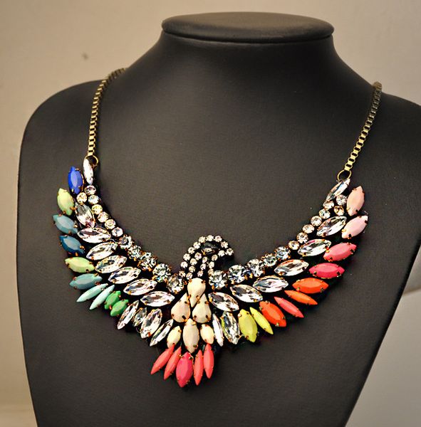 

maxi luxury stylish full diamond colorful gemstone inlay wings spread eagle necklace fake collar, Silver