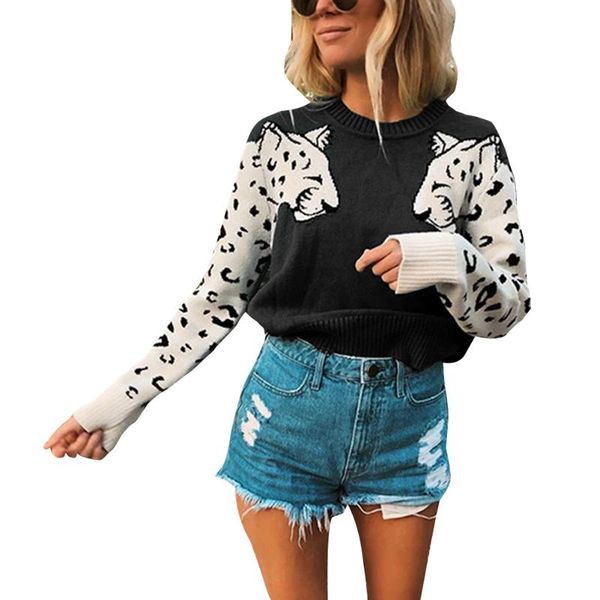 

womens knitted sweater leopard long sleeve ladies casual knit loose jumper pullover autumn winter warm knitwear female new, White;black