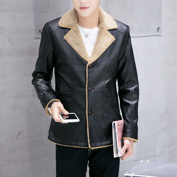 

men's fur & faux foreign trade pu leather jacket warm plus velvet high-end, Black