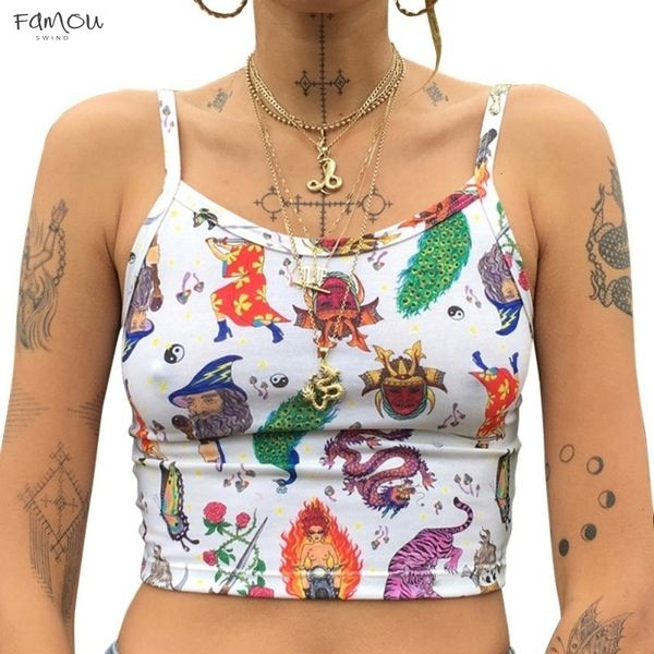 

us warehouse 2020 women summer tank vest crop sleeveless cartoon print cotton clubwear vest off shoulder camisole new arrival, White