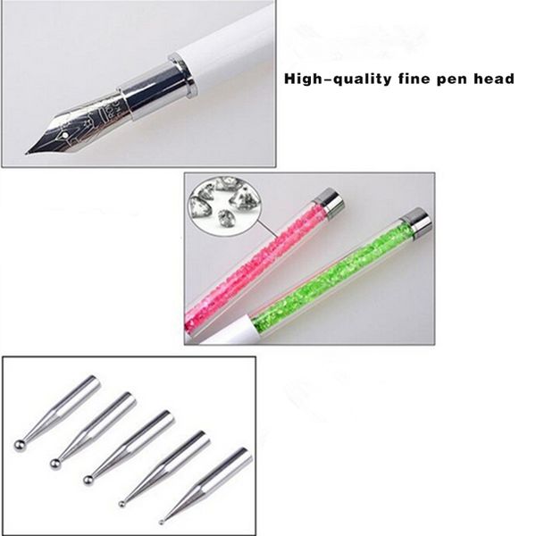 

nail art pen brush 5 dotting head nib rhinestone crystal metal tips painting drawing manicure tool kg66