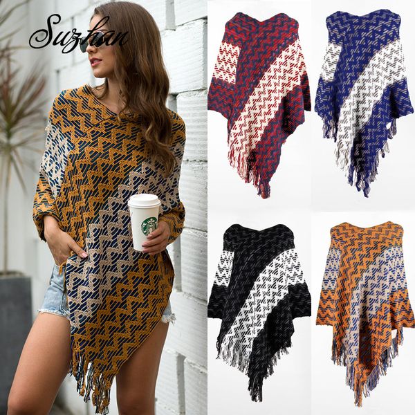 

suzhan fashion tassels knitted pullovers cape wave stripe knitted sweaters loose knitwears autumn winter, White;black