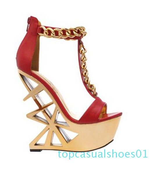 

новейший рубильник золота металлические каблуки женщина сандалии странный стиль т ремень клин сандалии с открытым мыском цепи украшения глад, Black