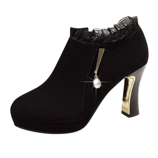 

women's fashion casual lace crystal zipper and ankle boots ladies round head lace rhinestone short boots high heels, Black