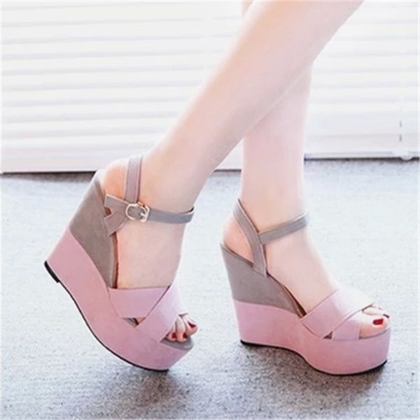 

женщины смешанные цвета платформы сандалии дамы лоскутная пряжка peep toe клинья вскользь гладиатор мокасины женские туфли, Black