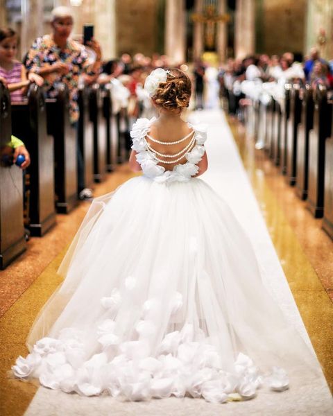 Abiti da ragazza di fiori in pizzo con collo trasparente Abiti da sposa per bambina Abiti da cerimonia per comunione vintage Abiti