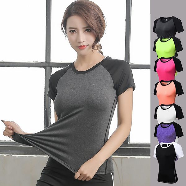 

short sleeve yoga shirt women quick dry elastic gym workout female running fitness sport women sports wear clothes 2019, White;red