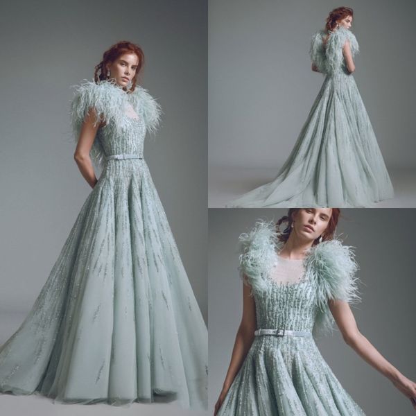 Luxo Alfazairy A linha Vestido De Noite Com Penas Sheer Bateau Pescoço vestidos de baile longo cristal especial ocasião Quinceanera vestidos personalizados