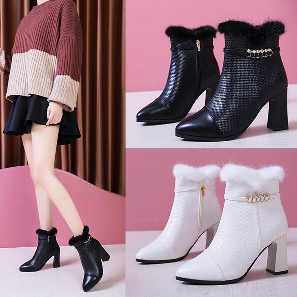 

sagace women's boots fashion zipper pointed toe lining plush elegant boots casual high-heel ladies party short booties 1122, Black