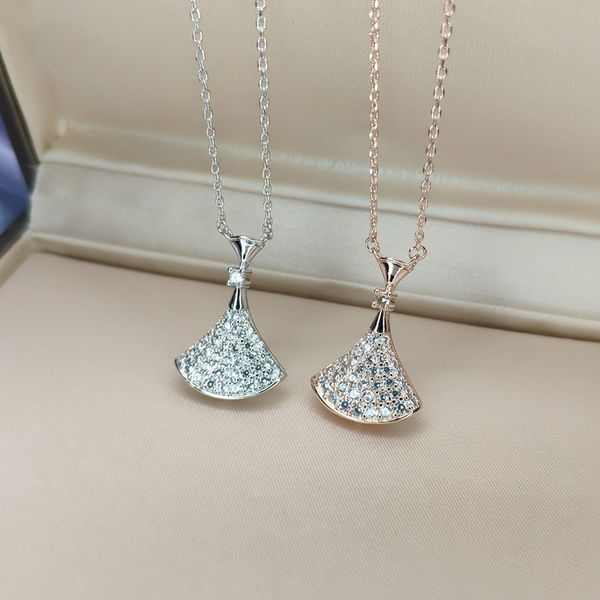 

fashion double fan shaped zircon gold color silver pendant ladies necklace luxury wild holiday gift sweater chain clavicle chain jewelry