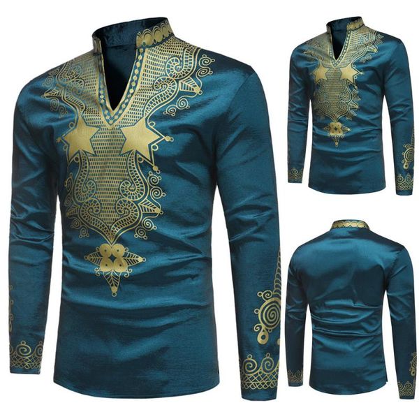 

african gold print autumn winter long sleeve dashiki shirt blouse for men, Red