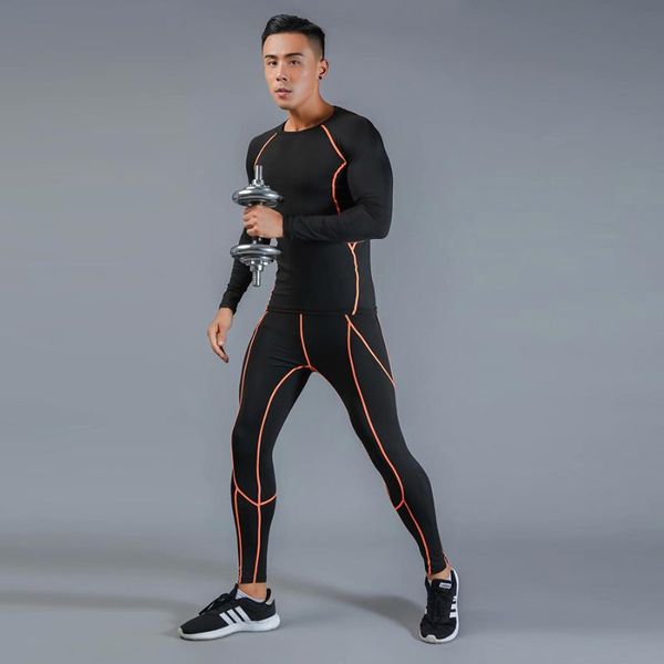 

men's compression clothing men t-shirt + leggings rashgard long sleeved base kit for man fitness workout thermal underwear, Black;red