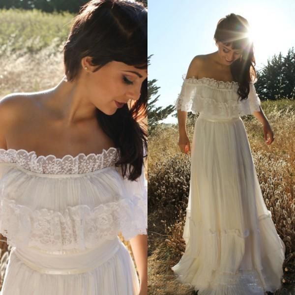 

Sexy Beach 2019 Romantic Wedding Dresses Pleats Lace Applique Off Shoulder Wedding Bridal Gowns Country Wedding Dress Custom