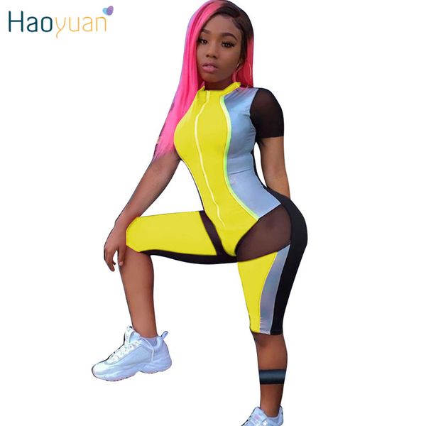 

haoyuan mesh spliced sheer playsuit bodycon women body summer overalls one piece outfit plus size shorts rompers jumpsuit, Black;white