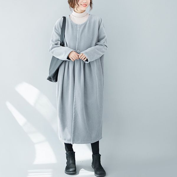 

johnature 2019 winter korean loose leisure solid color o-neck pockets corduroy dress new simple comfortable women dresses, Black;gray