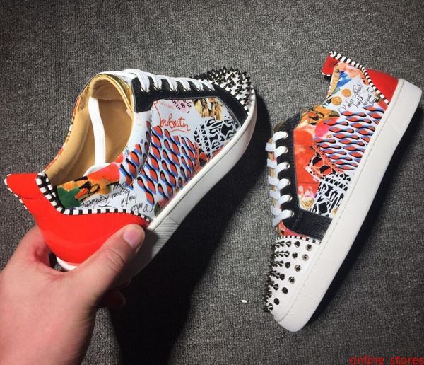 

2019 designer luxury mens red bottoms shoes studded spikes low flats casual sneakers for men wedding party dress leather w4