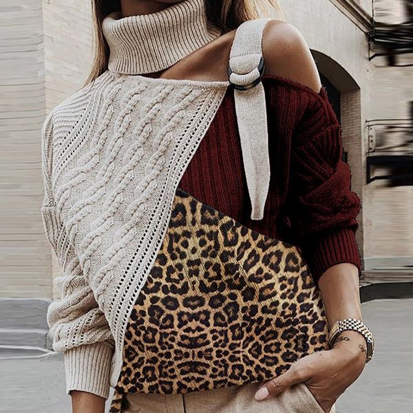 

off shoulder color block knitted women sweater leopard patchwork turtleneck sweater women batwing long sleeve pullover, White;black