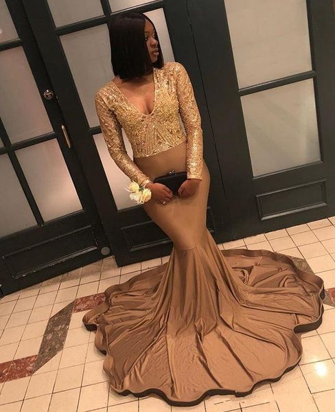 

Gold Sequins Mermaid Prom Evening Dress 2019 Long Sleeve V Neck Formal Party Gown African Pageant Dresses Custom Made