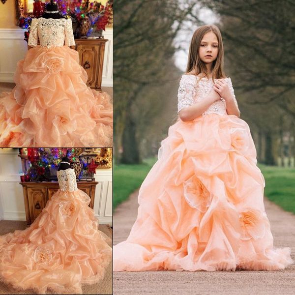 

2020 flower girls dresses one shoulder 1/2 sleeve beads ruffles appliqeus tulle pageant dresses floor length girls party gowns, White;blue