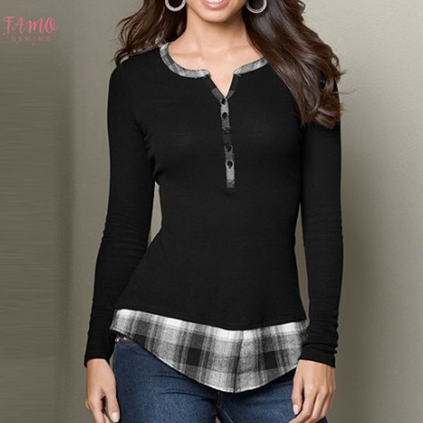 

women t shirt v neck buttons long sleeve plaid patchwork tee shirt femme manche longue shirt camiseta mujer tshirt women, White
