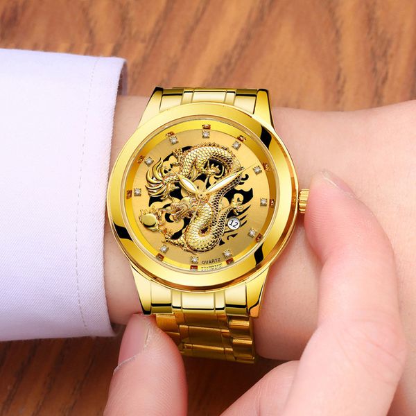 

mens wristwatch waterproof gold dragon sculpture quartz steel man watches men watch metal male clock, Slivery;brown