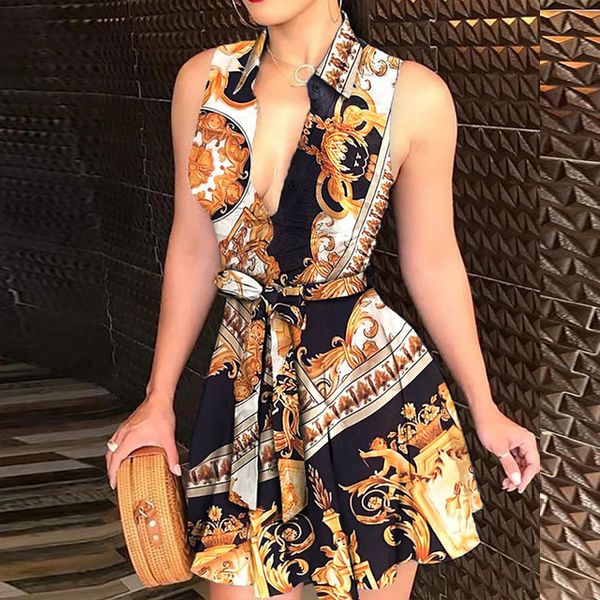 Платья элегантная цепная писательская рубашка летняя женщина v-образная кнопка винтаж с коротким рукавом мини-вечерин