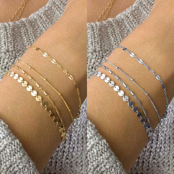 

gold silver color coin chain party new bohemia adjustable 4pcs/set lace bracelets set unique multilayer, Golden;silver
