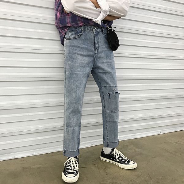 

autumn new jeans men slim fashion washed solid color casual hole denim trousers man streetwear wild hip hop straight jeans, Blue