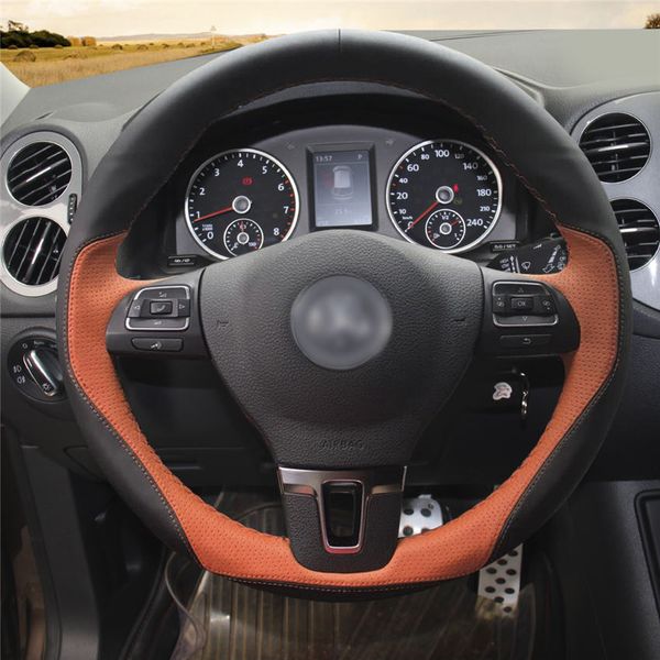 

black black perforated leather hand sew wrap car steering wheel cover for volkswagen tiguan passat b7 passat cc touran